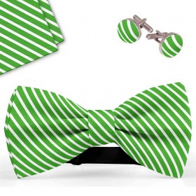 Set papion barbati, batista, butoni, verde deschis, dungi albe subtiri